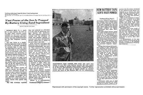 Zeitungsseite der New York Times von 1954 mit der Erfindung der Solarzelle.
